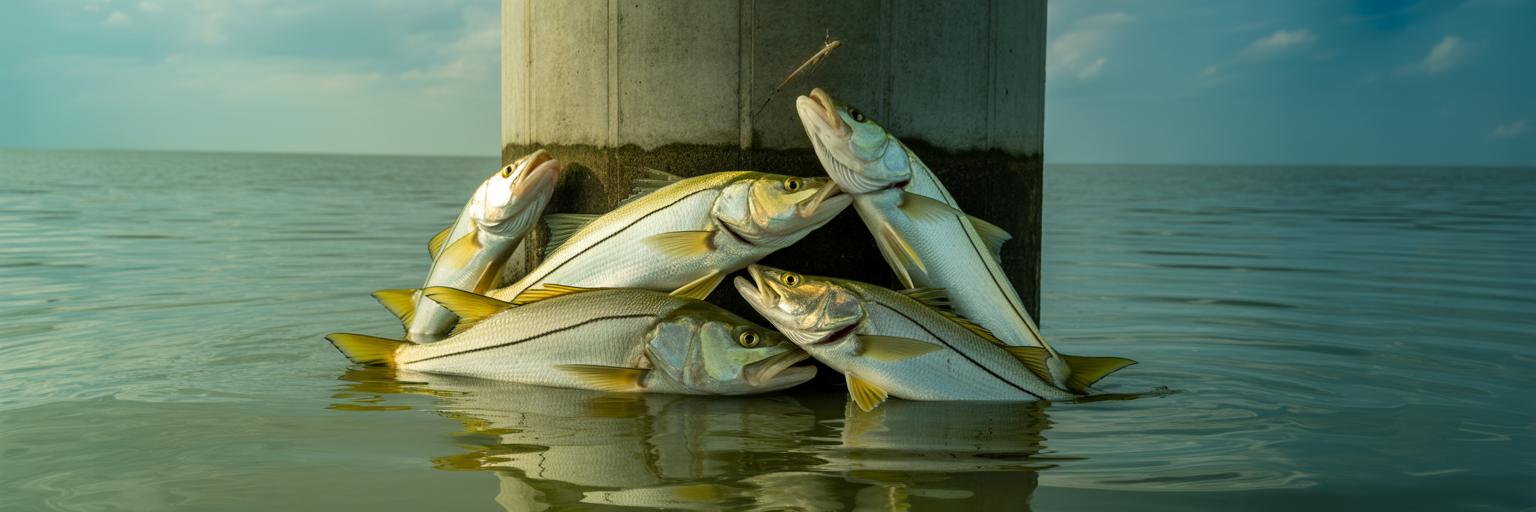 Snook holding on bridge piling structure.