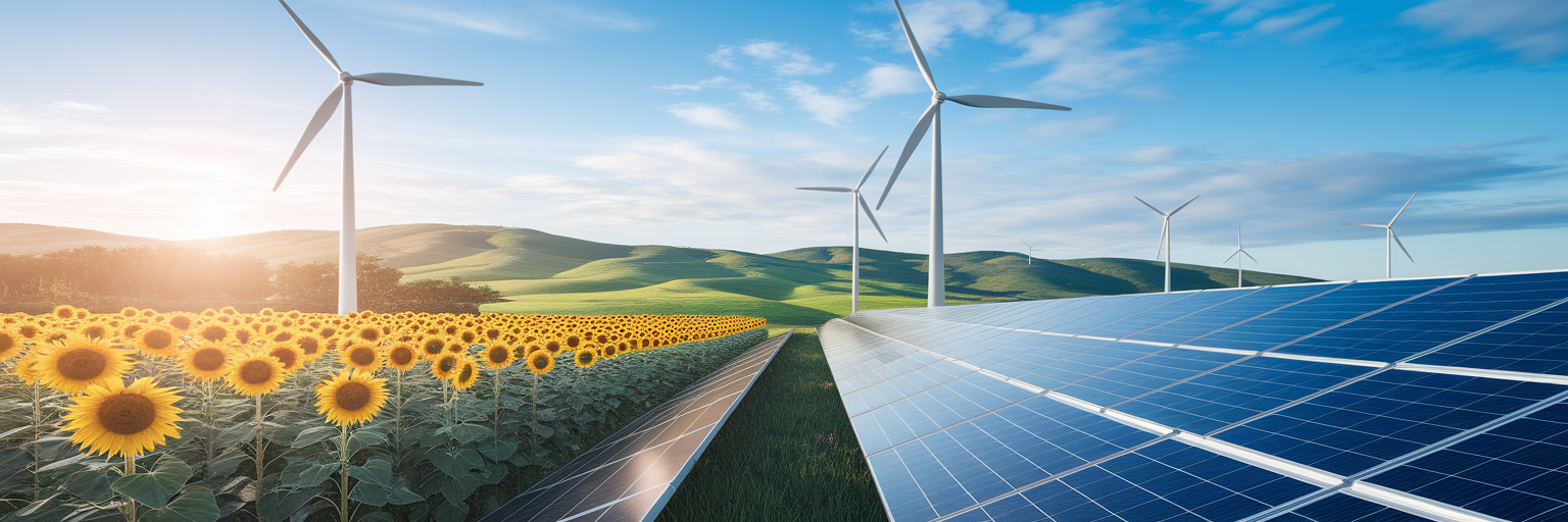 Solar panels and wind turbines in a thriving natural landscape.
