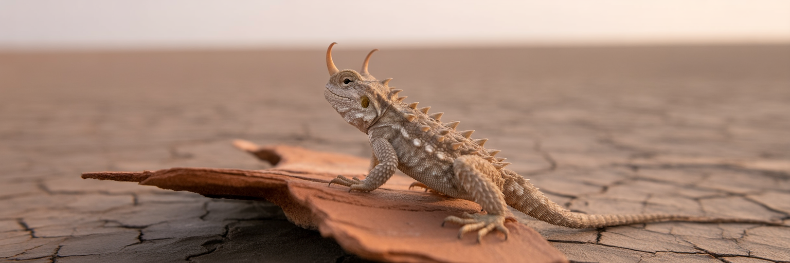 Solitary horned lizard on cracked earth