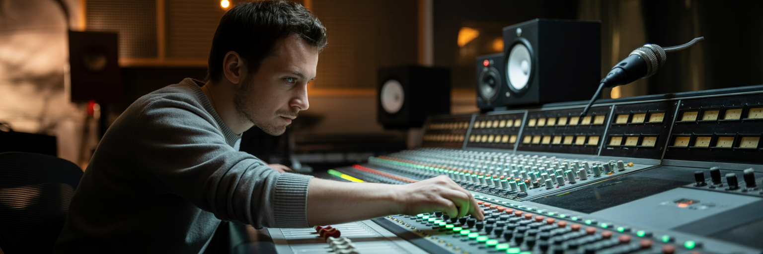 Sound engineer adjusting a mixing console.
