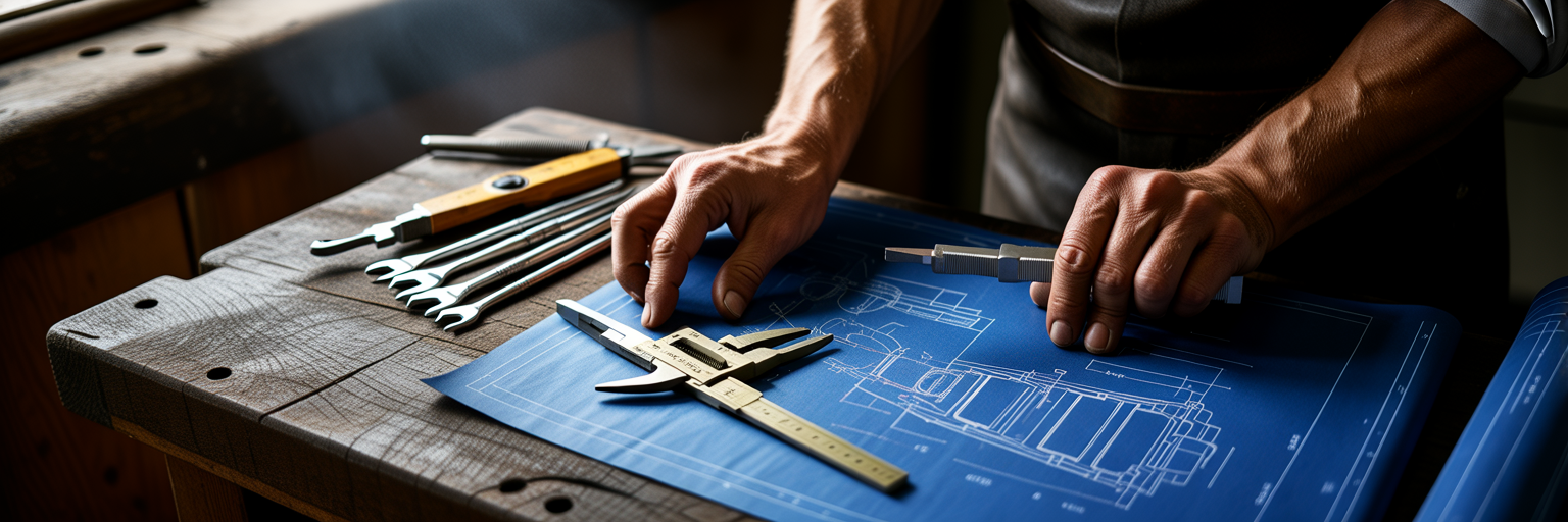 Specialized tools arranged on a blueprint.