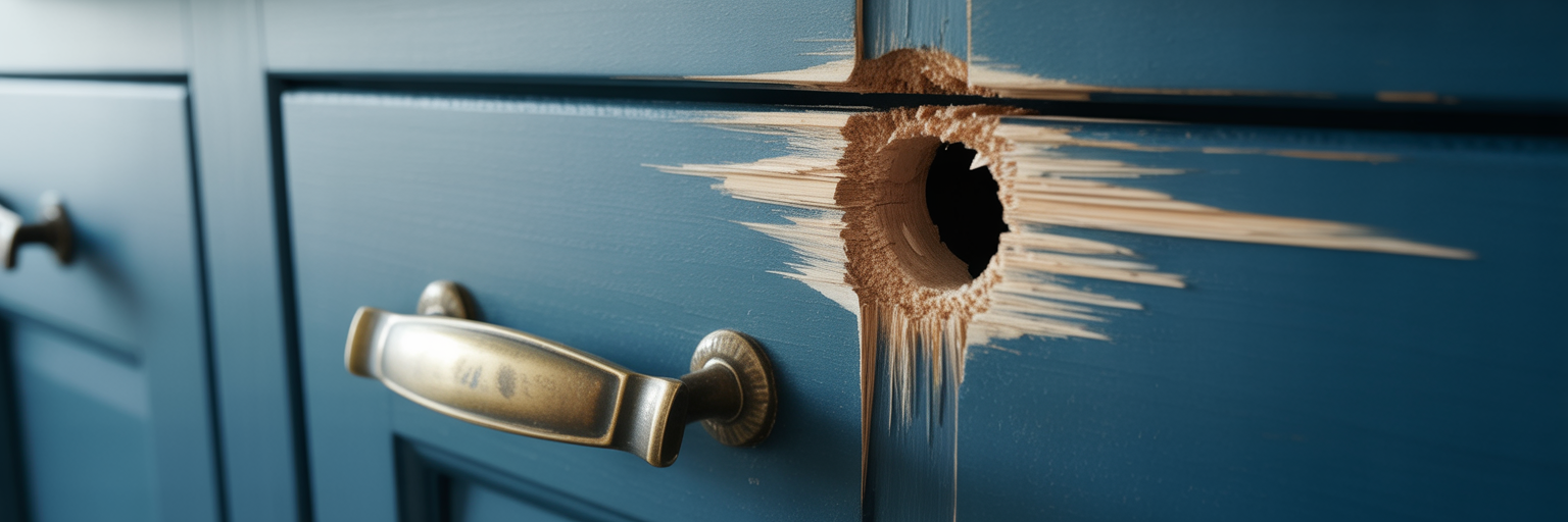 Splintered wood from incorrect cabinet drilling