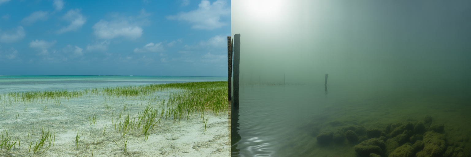 Split view of clear and stained water conditions