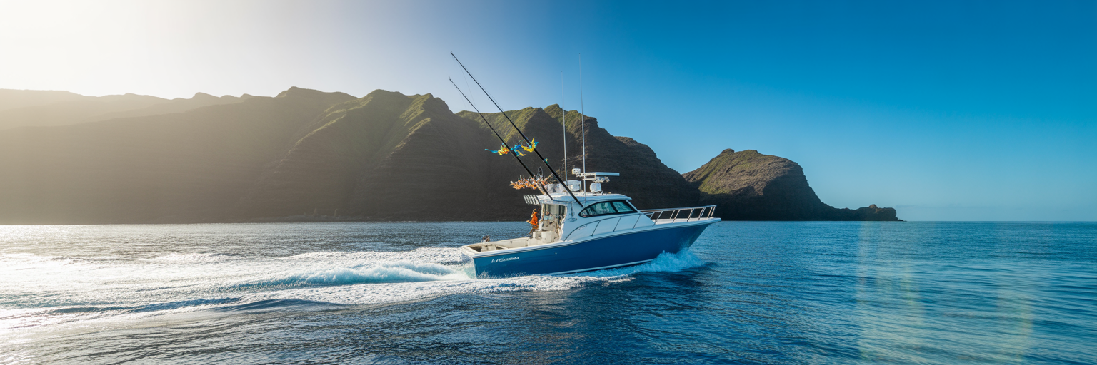 Sport fishing boat trolling near Kona Hawaii.