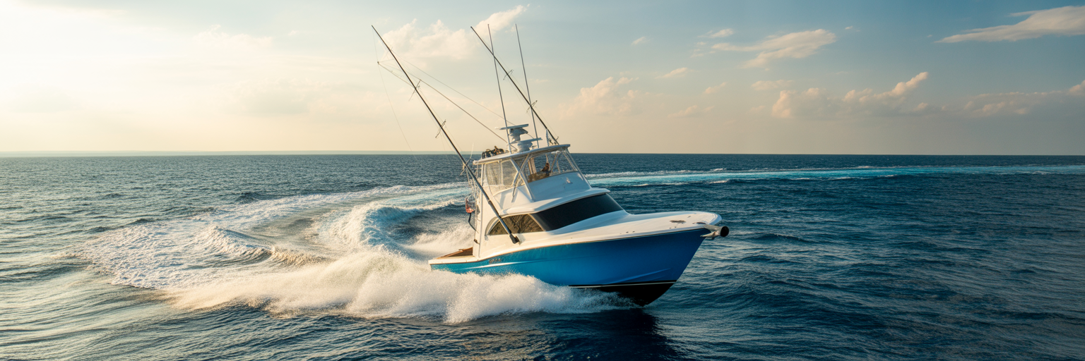 Sportfishing boat making a wide turn