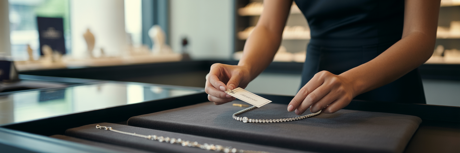 Staff member pricing luxury necklace.