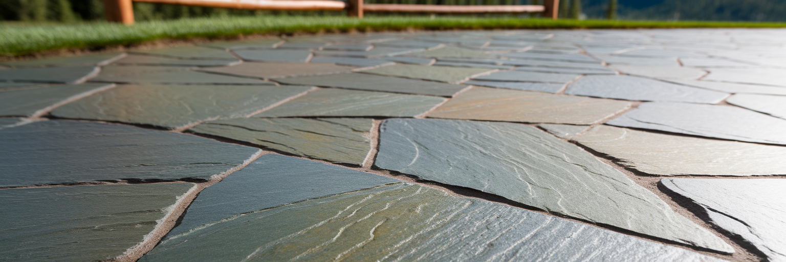 Stamped concrete driveway with natural stone pattern.
