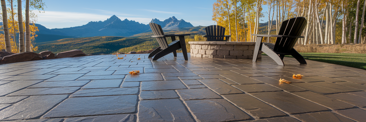 Stamped concrete patio in Montana backyard.