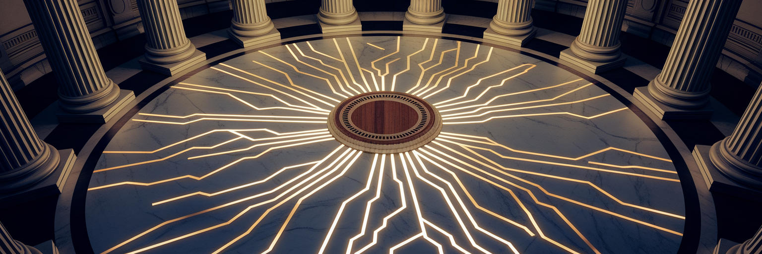 State capitol rotunda with digital circuits.