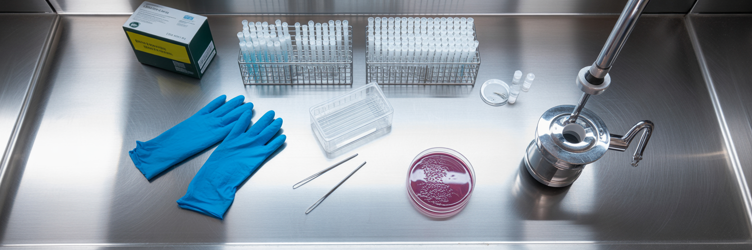 Sterile lab supplies on steel workbench.