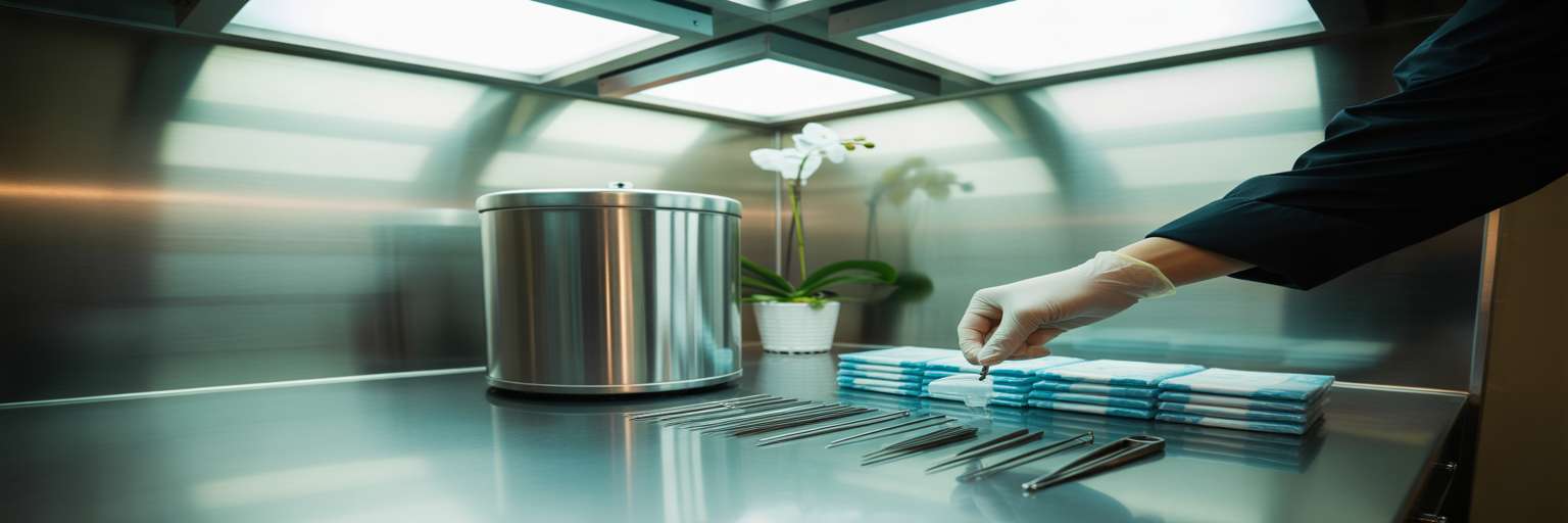Sterile tattoo equipment on steel counter
