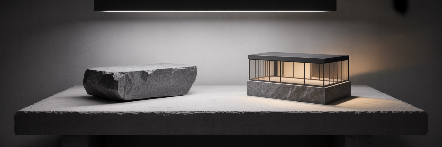 Stone block next to polished architectural model.