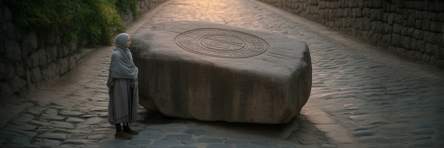 Stone block obstructing a spiritual path.