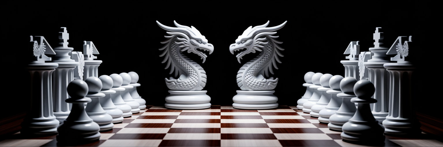 Strategic chess game with American and Chinese cultural pieces.