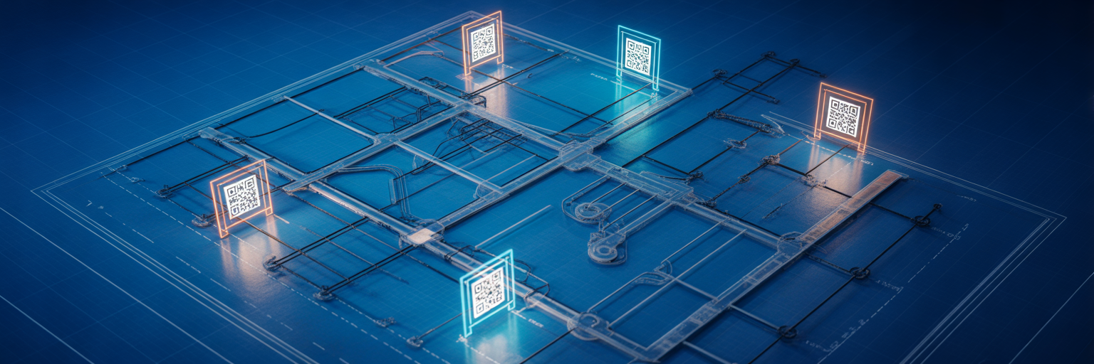 Strategic QR code placement on factory blueprint.