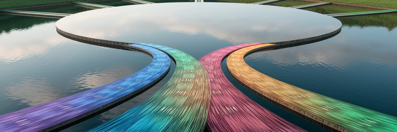 Streams representing different currencies flowing into one lake.