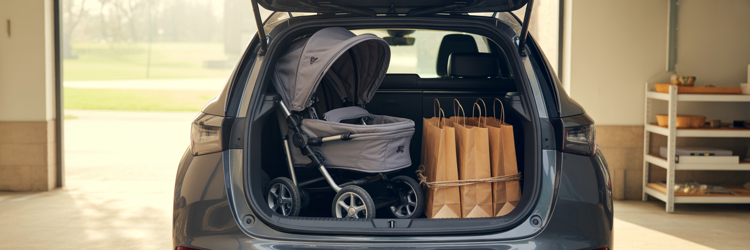 Stroller and groceries in hatchback trunk