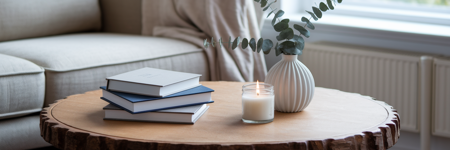 Styled coffee table with books and vase