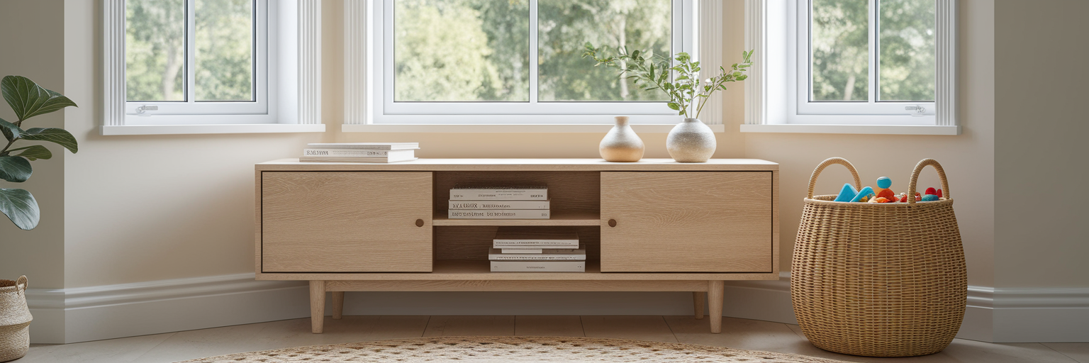 Stylish living room with smart oak storage console.