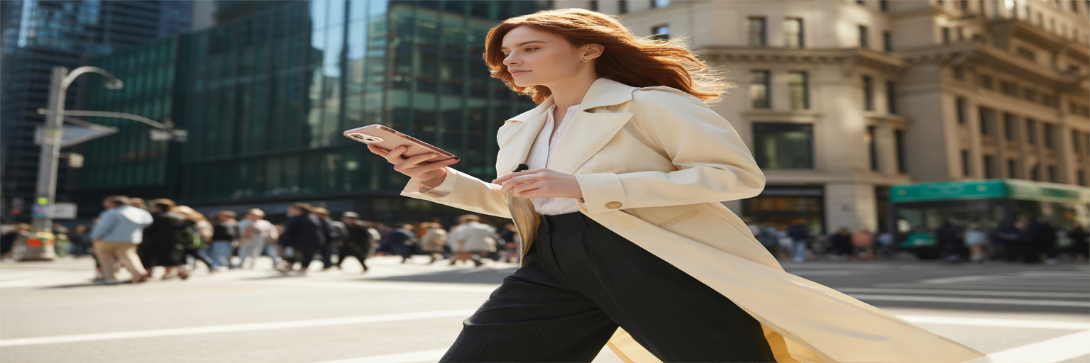 Stylish woman walking with designer iPhone case