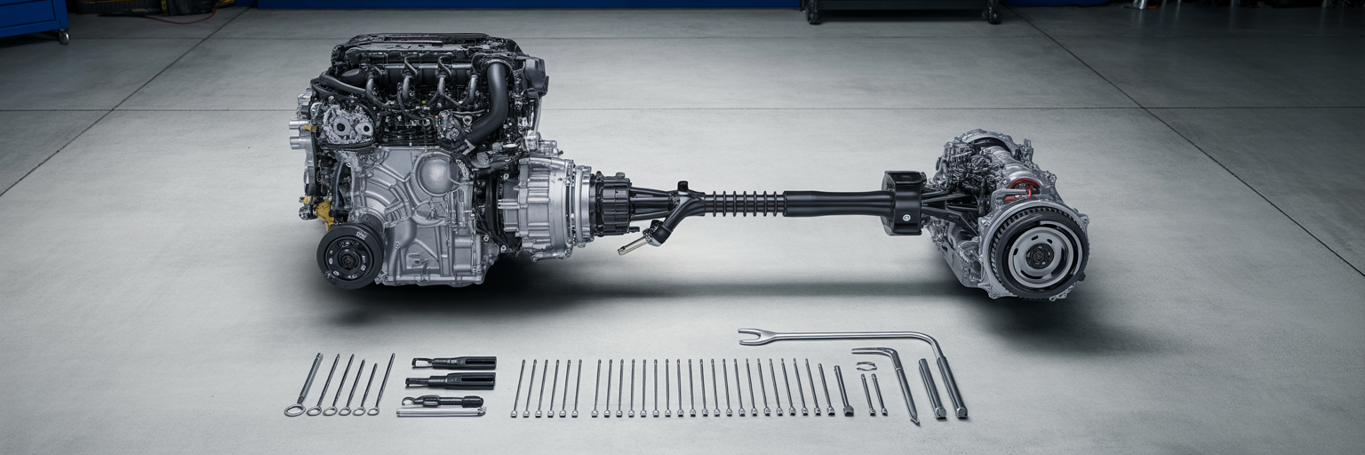 Subaru boxer engine and symmetrical drivetrain.
