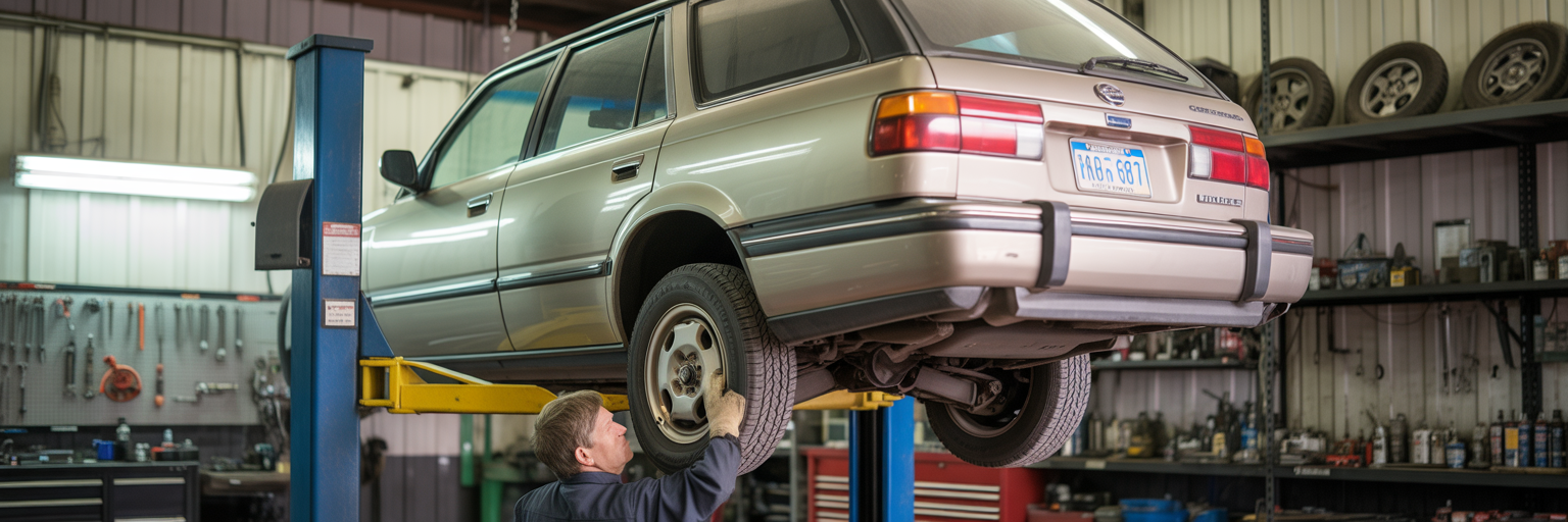 Subaru Outback being serviced by mechanic.