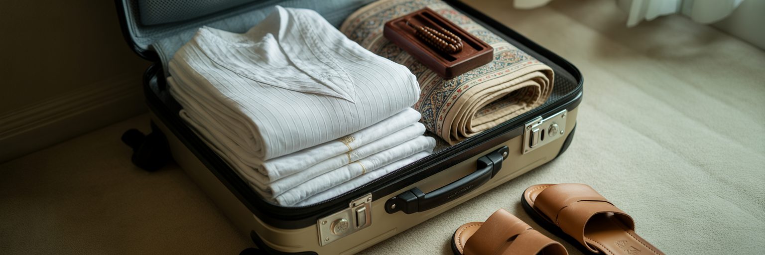 Suitcase packed with Umrah travel essentials.