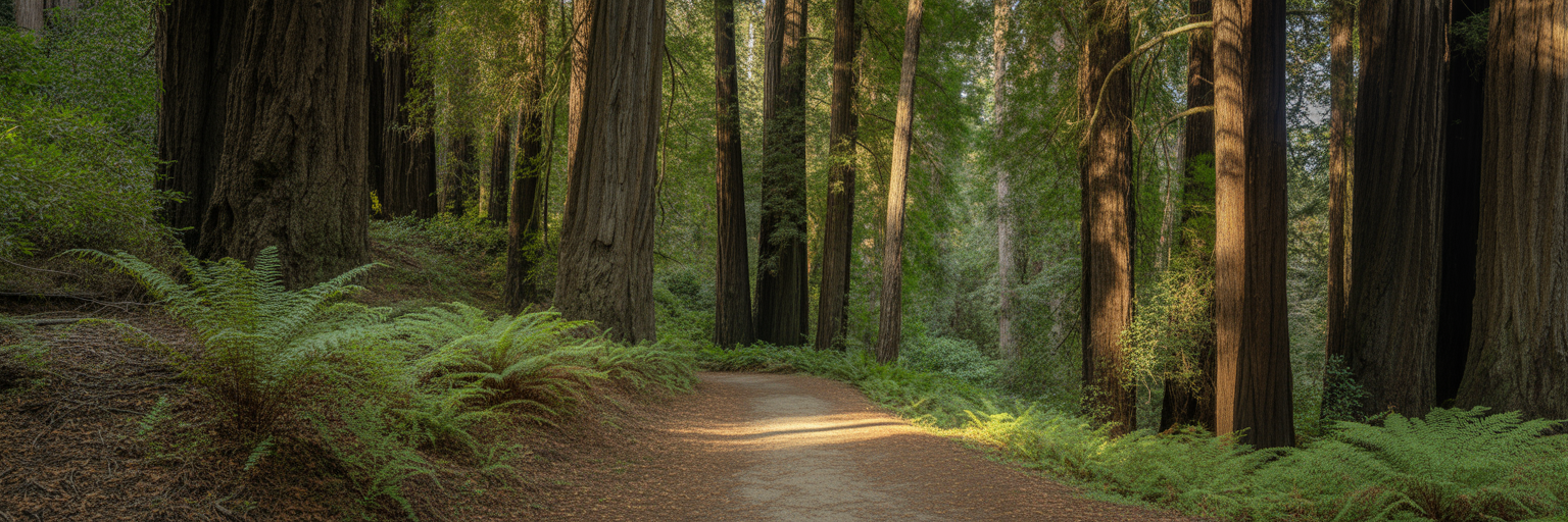 Sunlit hiking trail through redwood forest