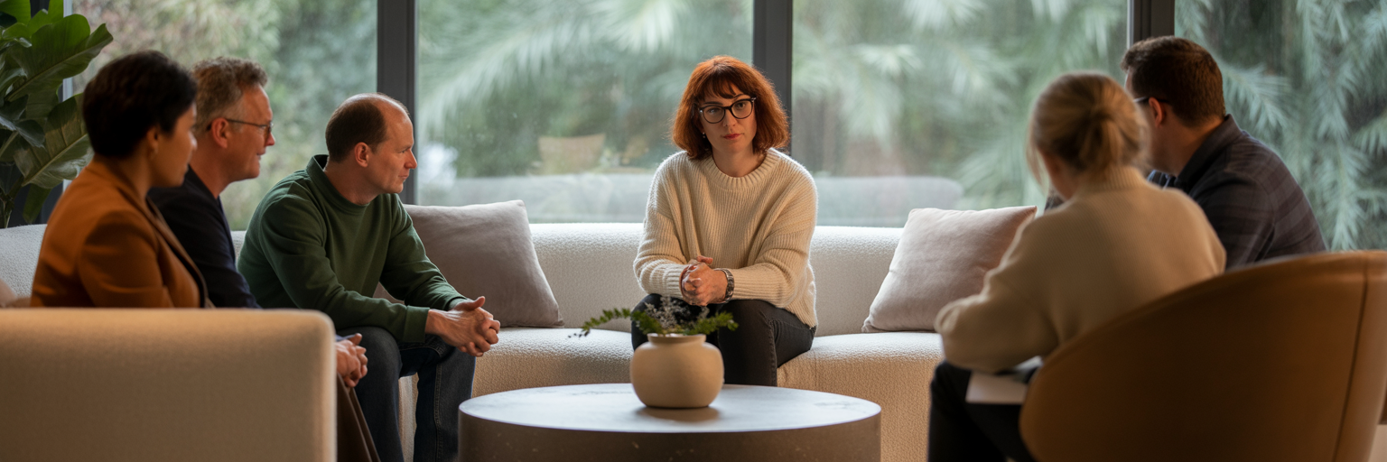 Support group in heartfelt discussion.