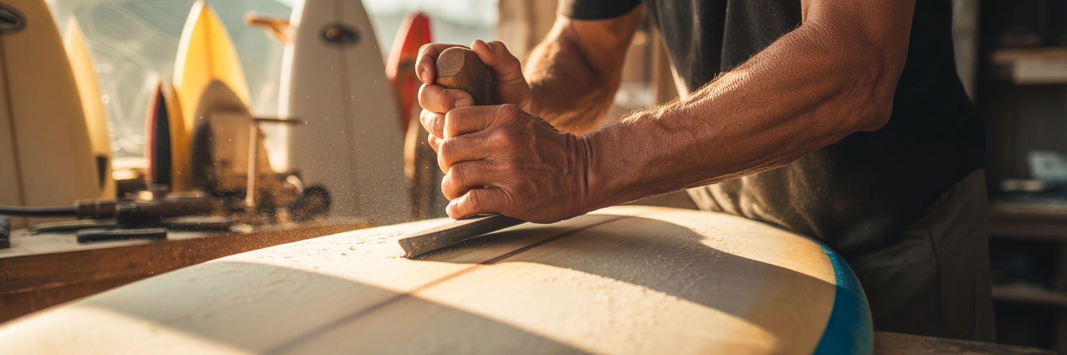 Surfboard shaper's hands planing a surfboard.