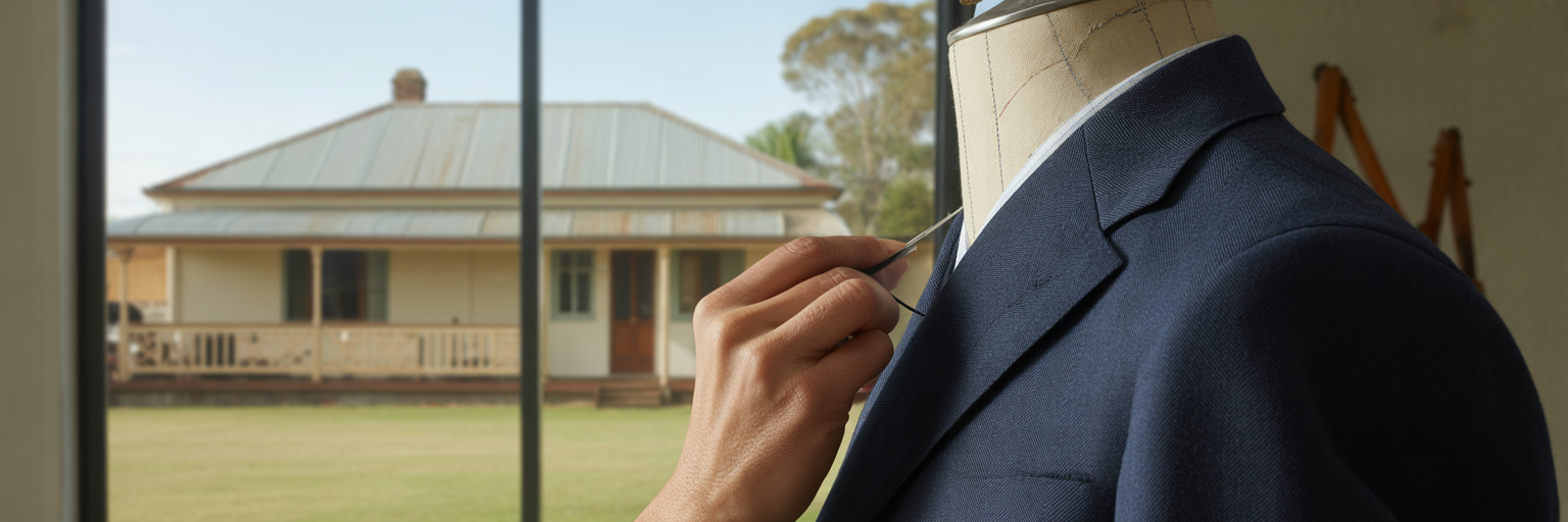 Tailor crafting a bespoke suit in Australian workshop.