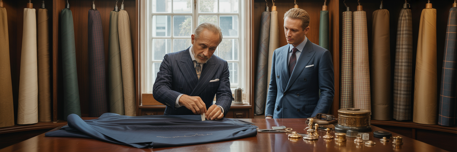 Tailor fitting a custom suit for a client.