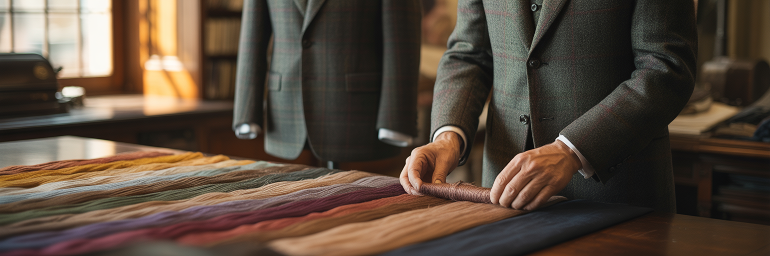 Tailor's hands arranging colourful threads