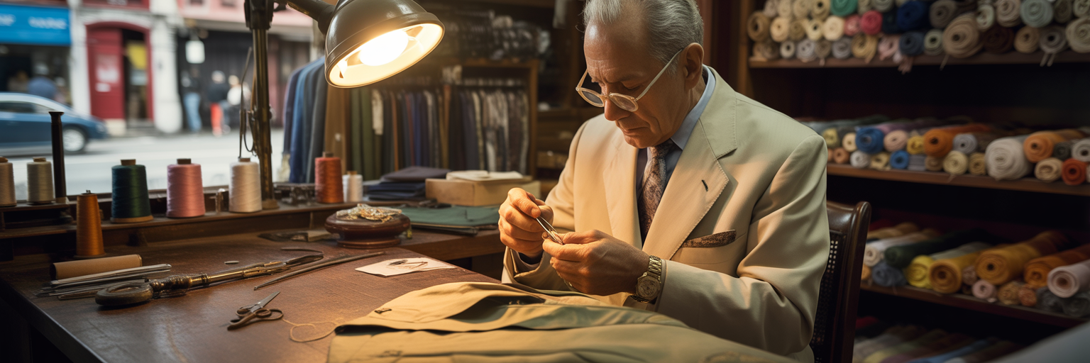 Tailor's hands preparing old fabric.