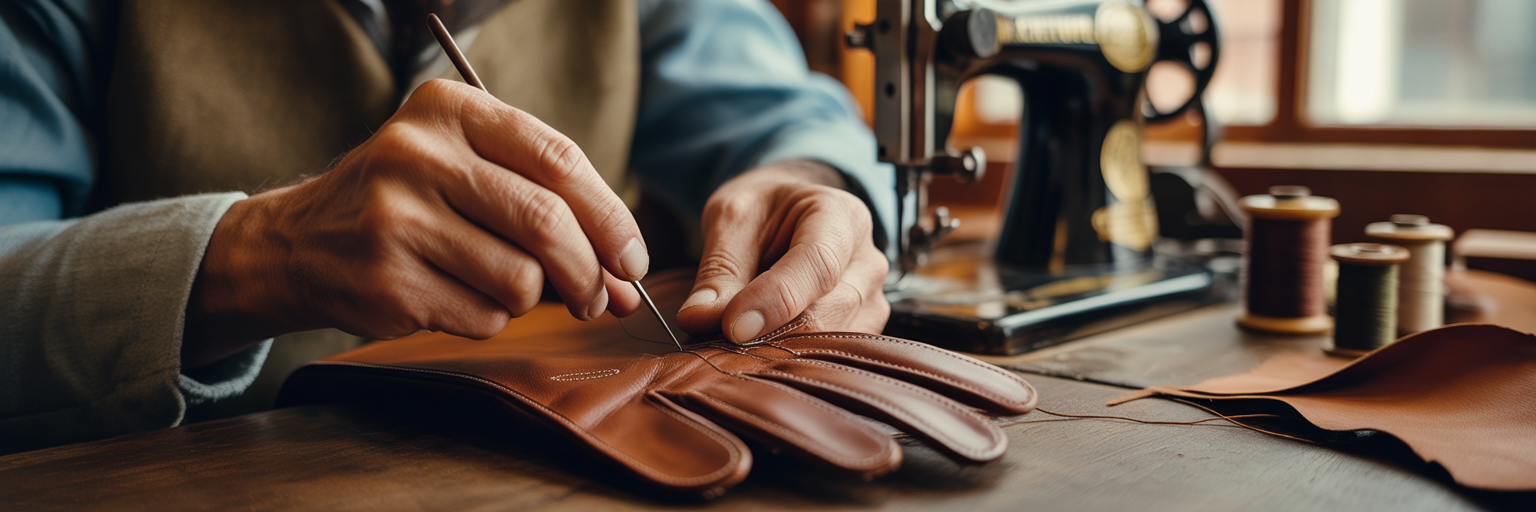 Tailor's hands stitching a fine leather glove.