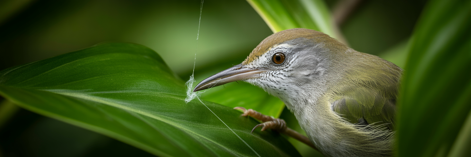 Tailorbird beak holding spider silk
