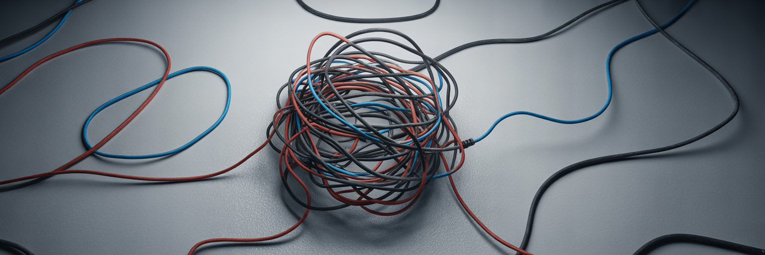 Tangled knot of automotive electrical wires.