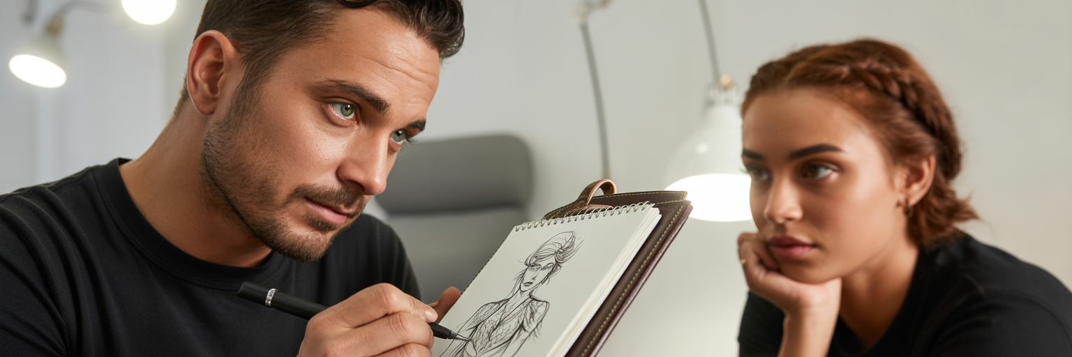Tattoo artist and client designing custom tattoo.