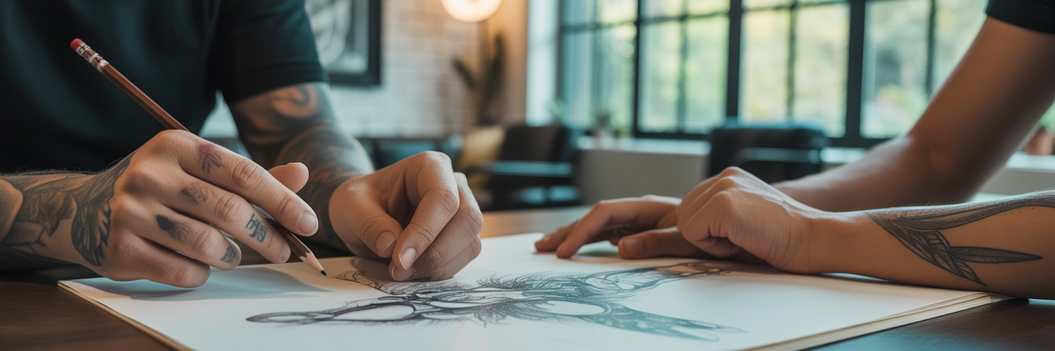Tattoo artist and client designing tattoo.