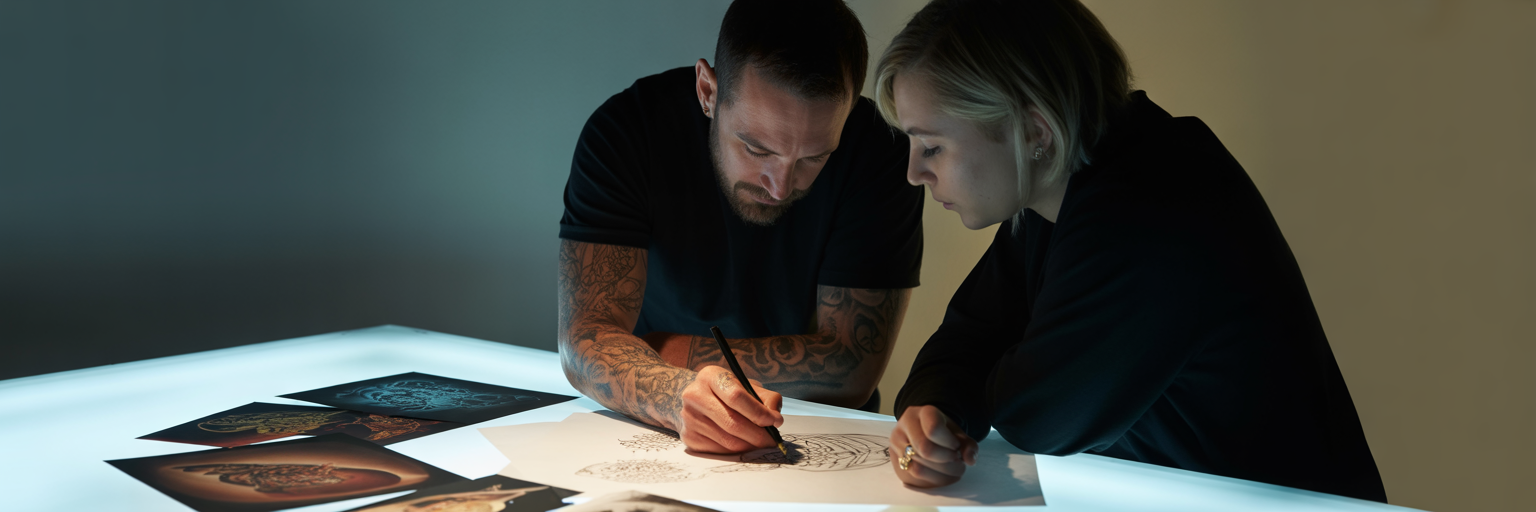 Tattoo artist and client designing tattoo.