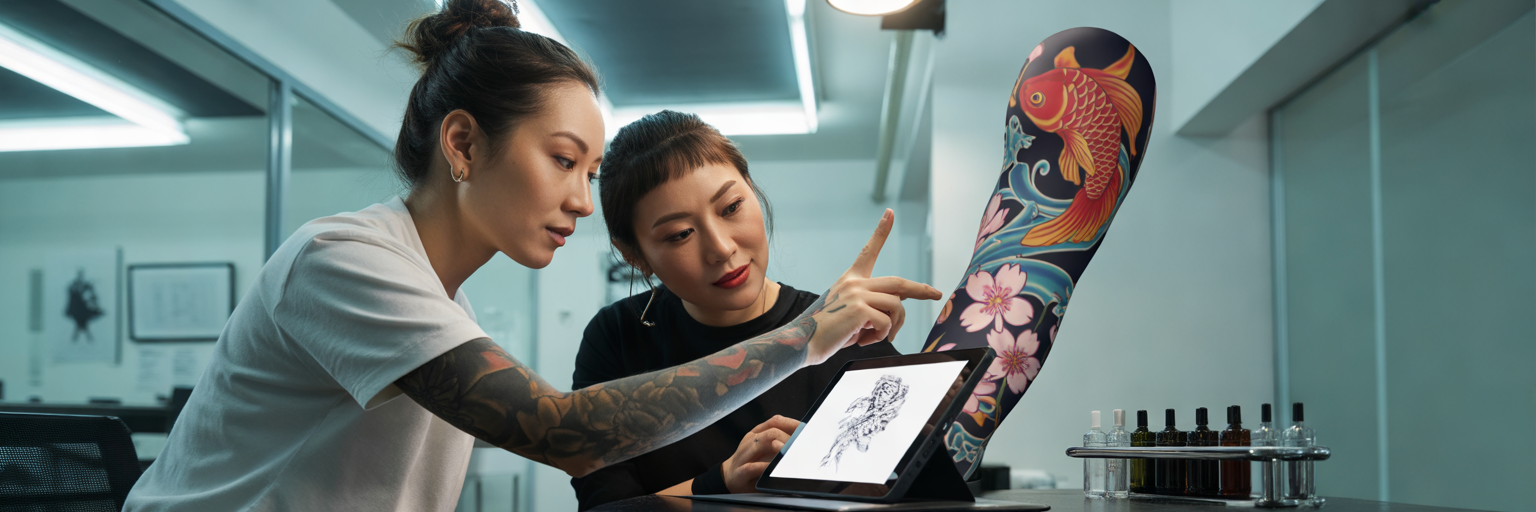 Tattoo artist and client discussing a custom design.