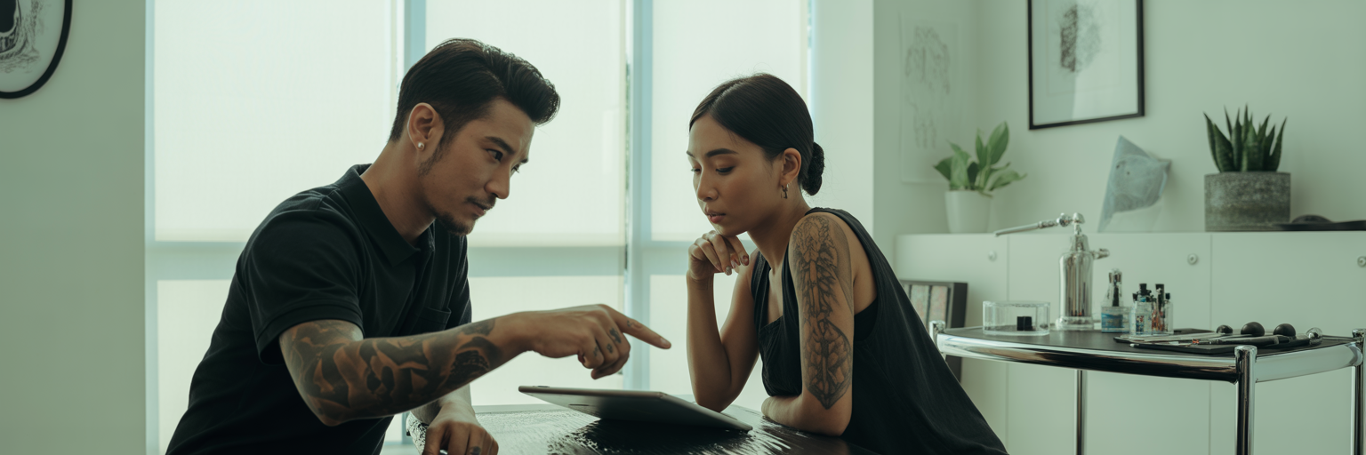 Tattoo artist and client discussing cover-up designs.