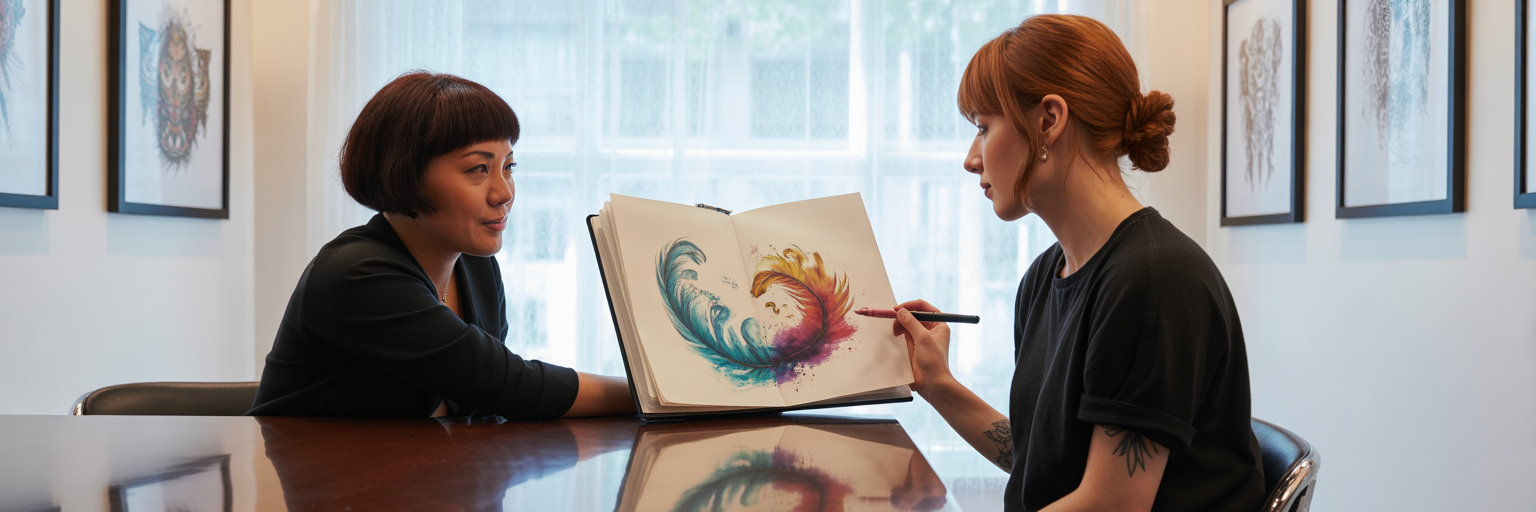 Tattoo artist and client discussing design.