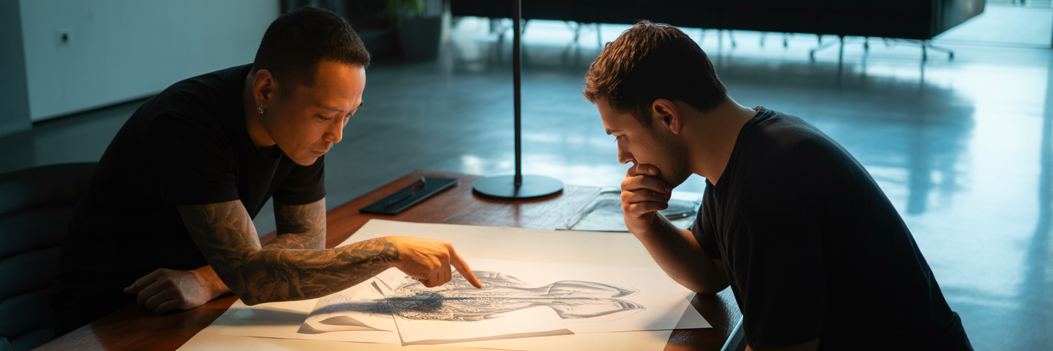 Tattoo artist and client discussing designs.