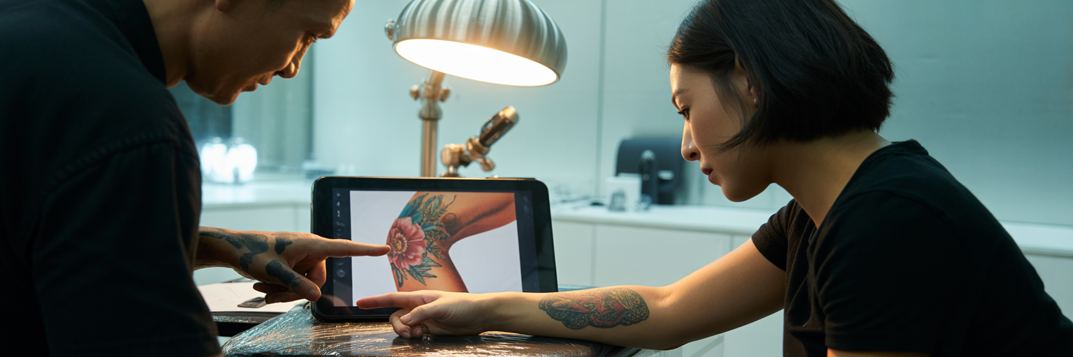 Tattoo artist and client planning design