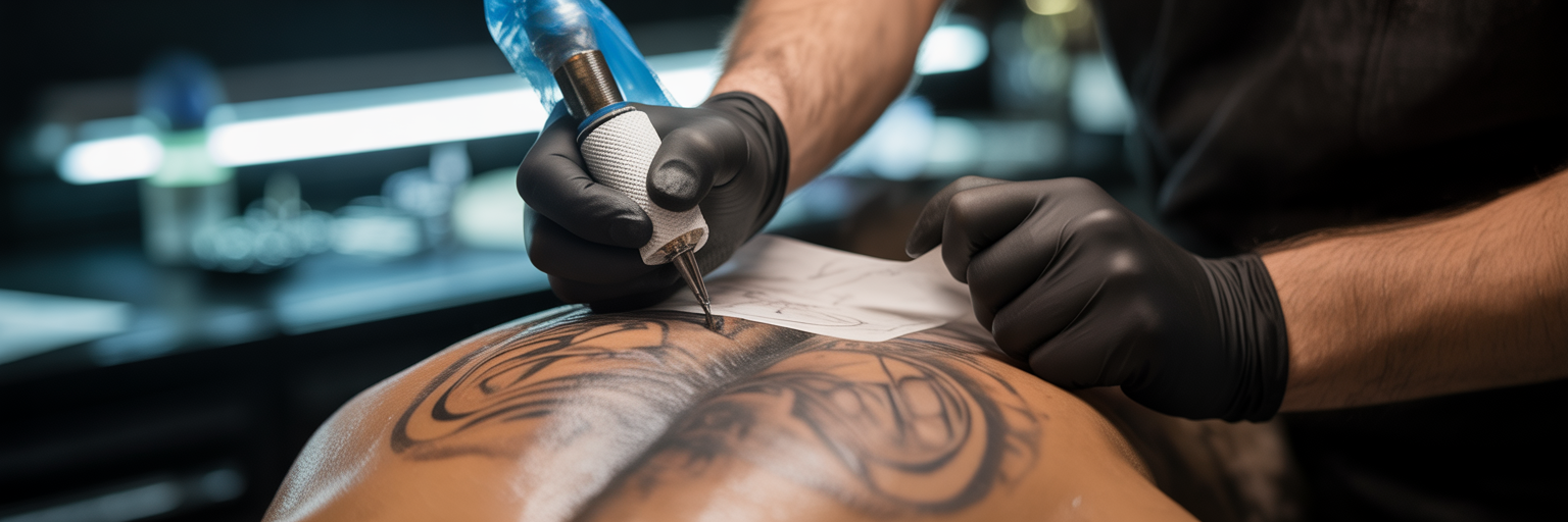 Tattoo artist applying a stencil to a back.