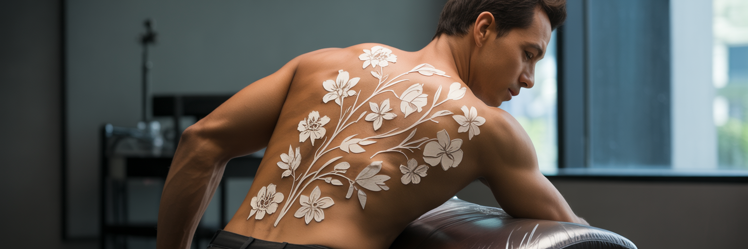 Tattoo artist applying floral stencil to back.