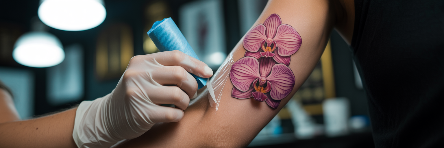Tattoo artist applying protective aftercare film.
