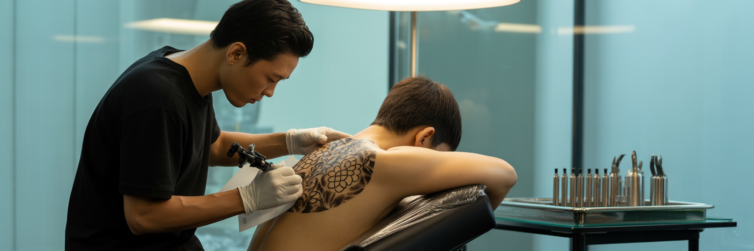 Tattoo artist applying stencil in studio.