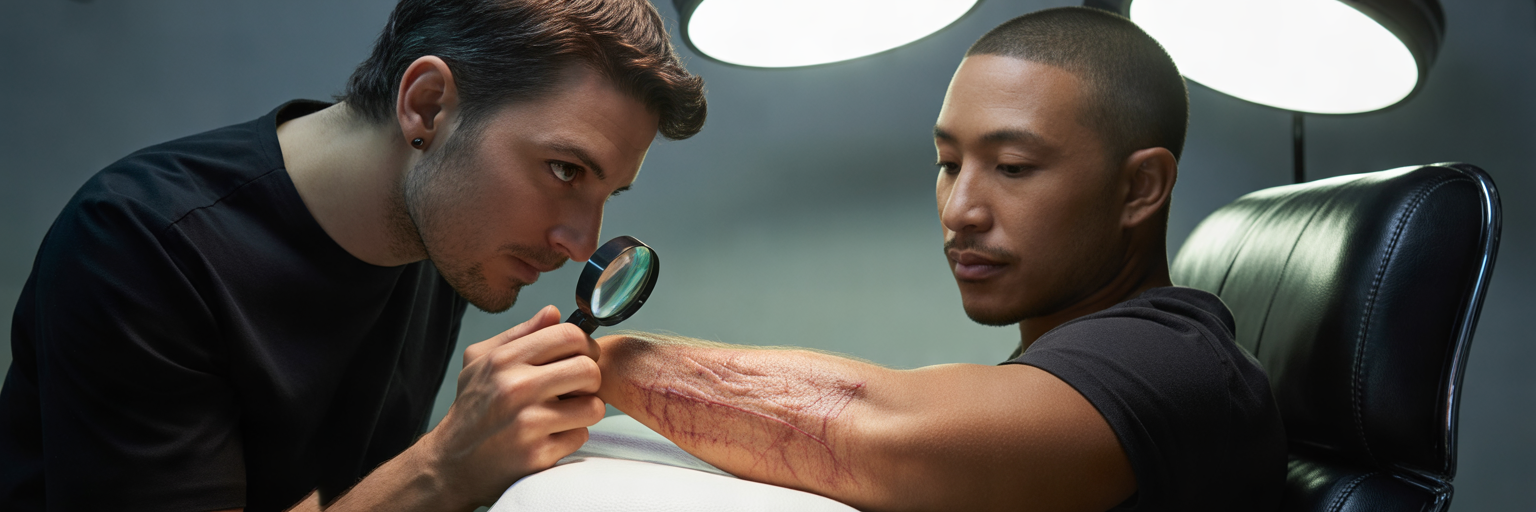 Tattoo artist assessing a healed scar